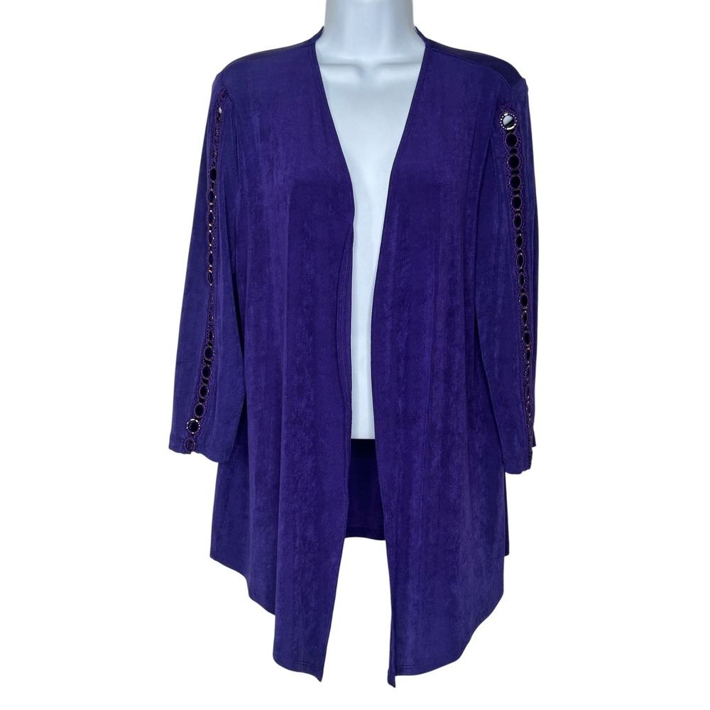 NEW Chico's Travelers Cardigan Jacket 1 Medium 8 10 Purple Ring Trim Open Front - Picture 2 of 7